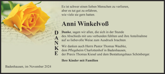 Traueranzeige von Anni Winkelvoß von Harz Kurier