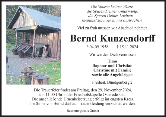 Traueranzeige von Bernd Kunzendorff von Harz Kurier
