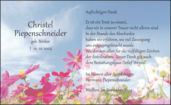 Traueranzeige von Christel Piepenschneider von Harz Kurier