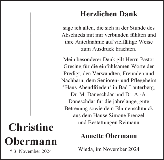 Traueranzeige von Christine Obermann von Harz Kurier
