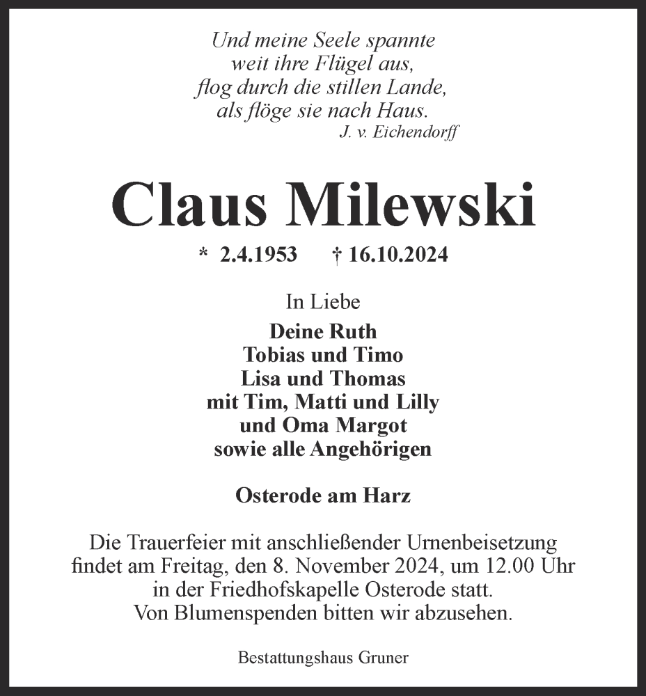  Traueranzeige für Claus Milewski vom 02.11.2024 aus Harz Kurier