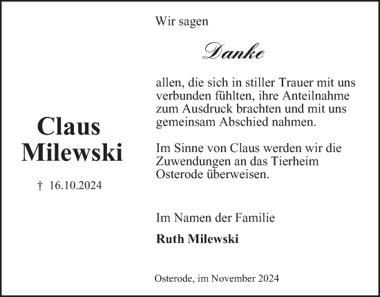 Traueranzeige von Claus Milewski von Harz Kurier