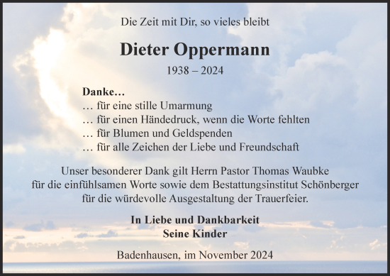 Traueranzeige von Dieter Oppermann von Harz Kurier