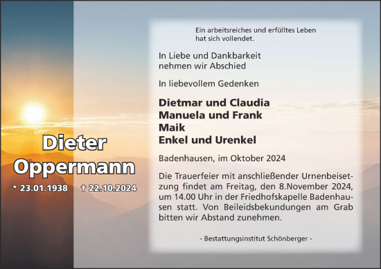 Traueranzeige von Dieter Oppermann von Harz Kurier