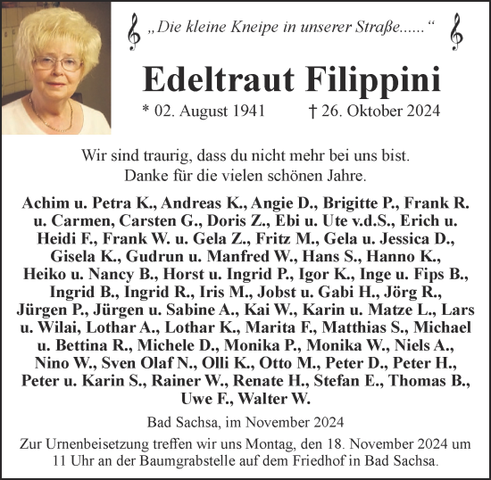 Traueranzeige von Edeltraut Filippini von Harz Kurier