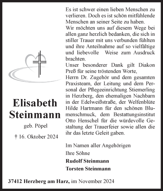 Traueranzeige von Elisabeth Steinmann von Harz Kurier