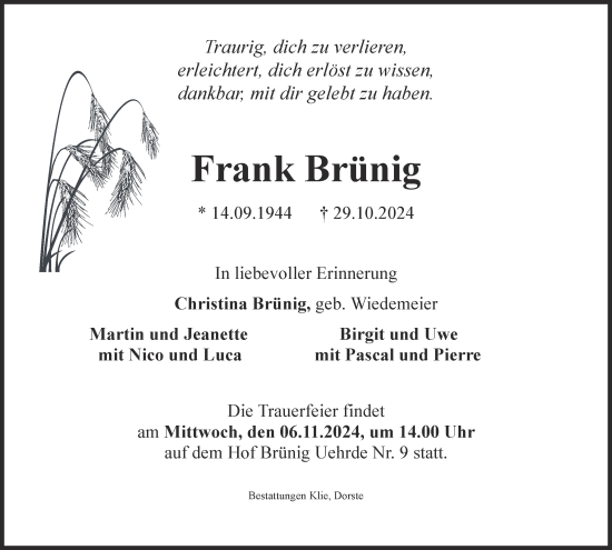 Traueranzeige von Frank Brünig von Harz Kurier