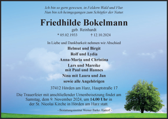 Traueranzeige von Friedhilde Bokelmann von Harz Kurier