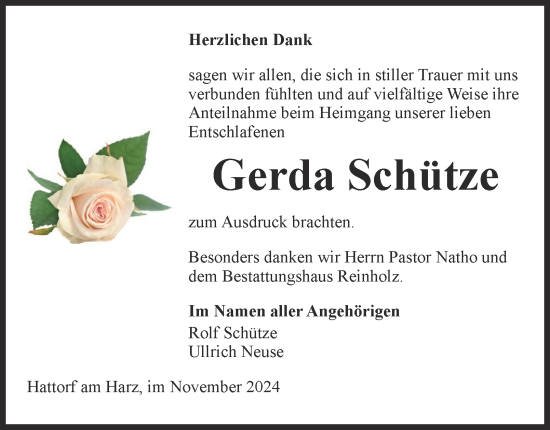 Traueranzeige von Gerda Schütze von Harz Kurier