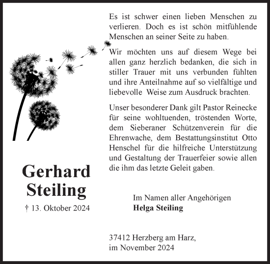 Traueranzeige von Gerhard Steiling von Harz Kurier