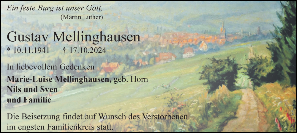  Traueranzeige für Gustav Mellinghausen vom 02.11.2024 aus Harz Kurier