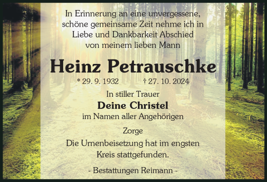 Traueranzeige von Heinz Petrauschke von Harz Kurier