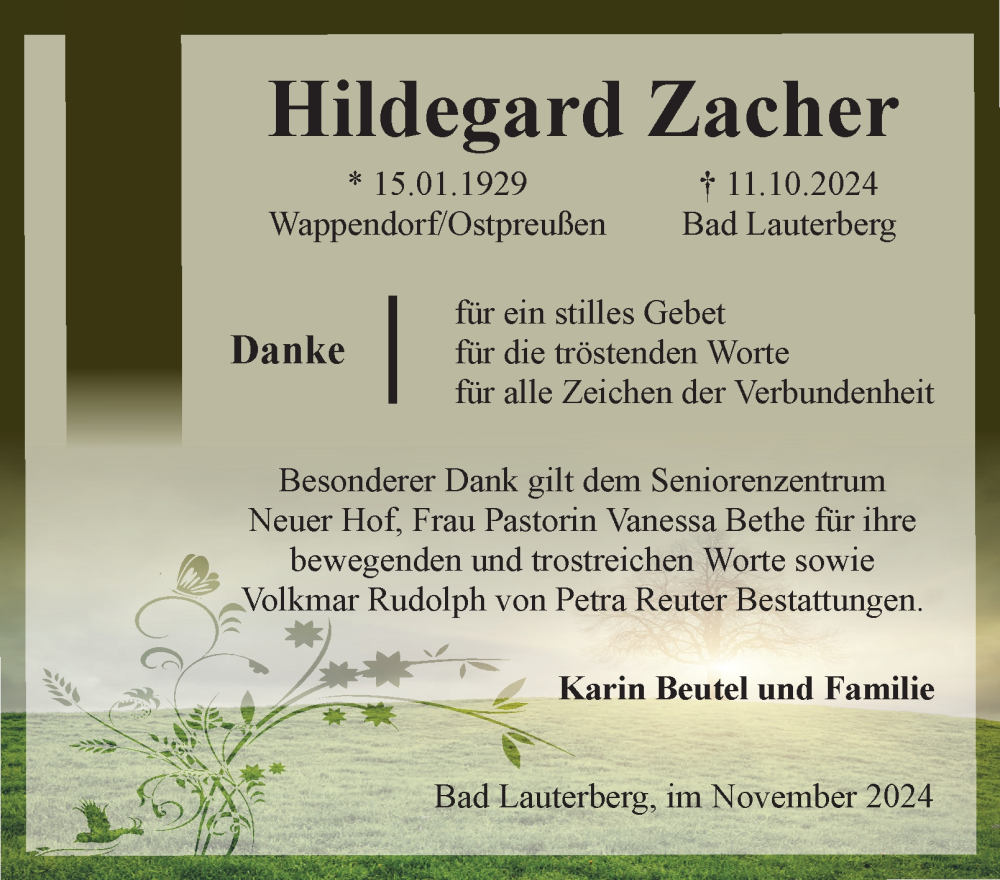  Traueranzeige für Hildegard Zacher vom 30.11.2024 aus Harz Kurier