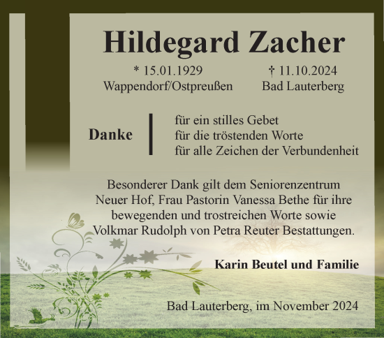 Traueranzeige von Hildegard Zacher von Harz Kurier