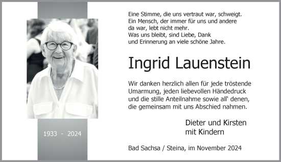 Traueranzeige von Ingrid Lauenstein von Harz Kurier