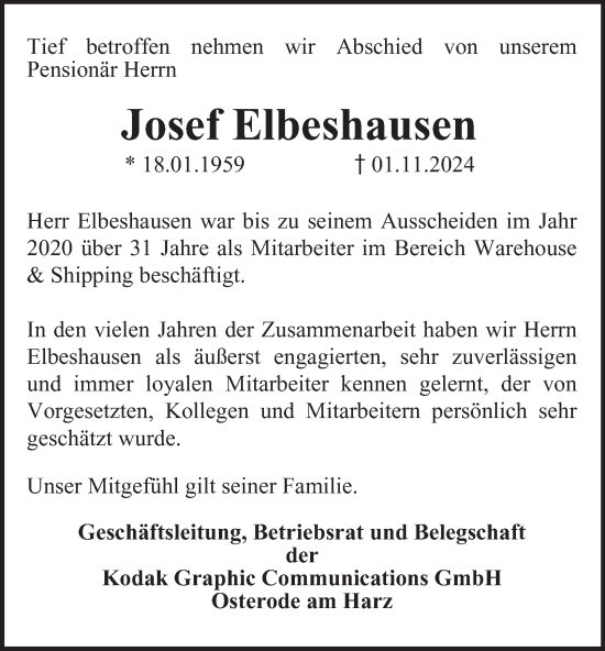 Traueranzeige von Josef Elbeshausen von Harz Kurier