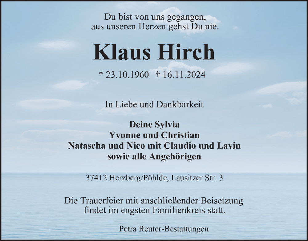  Traueranzeige für Klaus Hirch vom 23.11.2024 aus Harz Kurier
