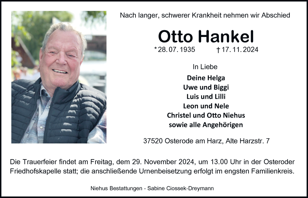  Traueranzeige für Otto Hankel vom 23.11.2024 aus Harz Kurier