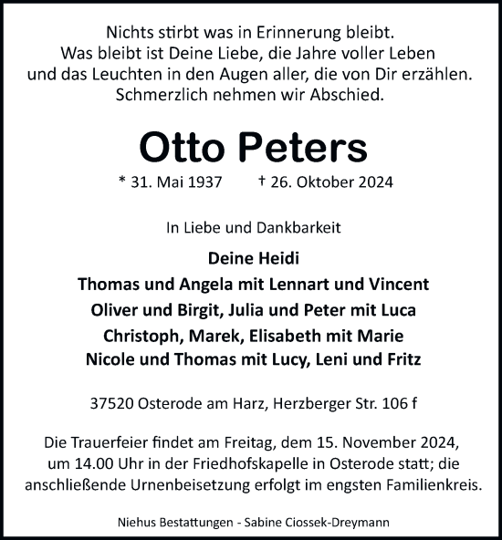 Traueranzeige von Otto Peters von Harz Kurier