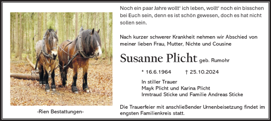 Traueranzeige von Susanne Plicht von Harz Kurier