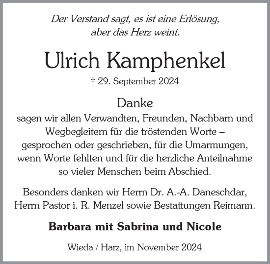 Traueranzeige von Ulrich Kamphenkel von Harz Kurier