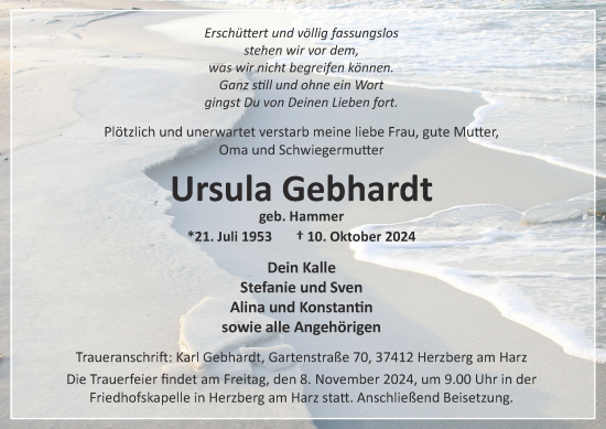Traueranzeige von Ursula Gebhardt von Harz Kurier
