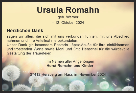 Traueranzeige von Ursula Romahn von Harz Kurier