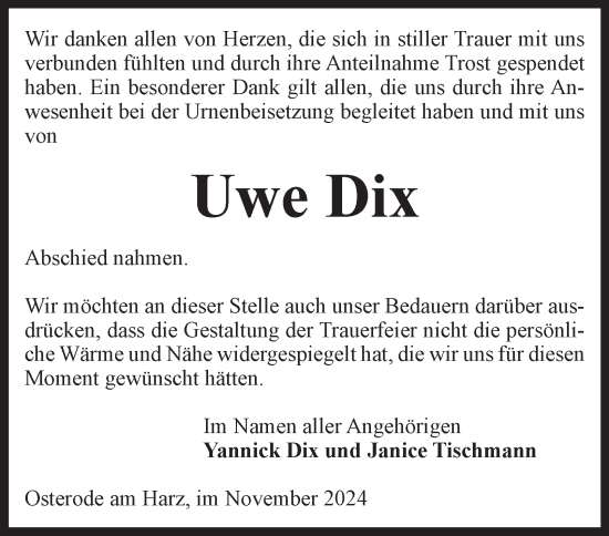 Traueranzeige von Uwe Dix von Harz Kurier