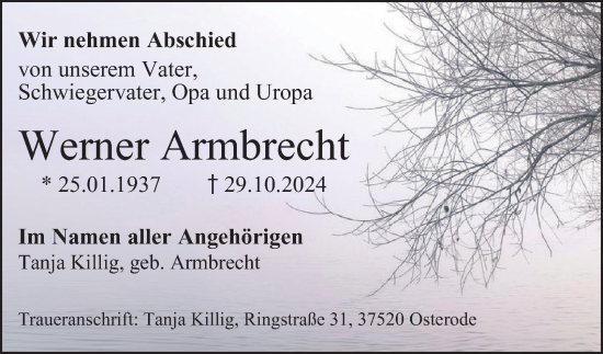 Traueranzeige von Werner Armbrecht von Harz Kurier