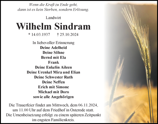 Traueranzeige von Wilhelm Sindram von Harz Kurier