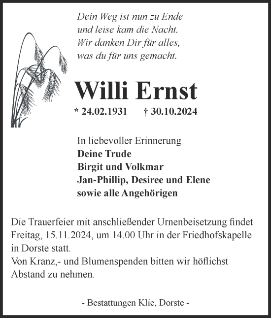 Traueranzeige von Willi Ernst von Harz Kurier