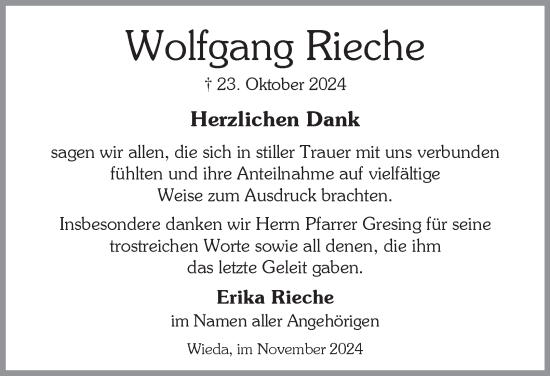 Traueranzeige von Wolfgang Rieche von Harz Kurier