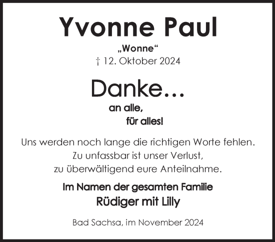 Traueranzeige von Yvonne Paul von Harz Kurier