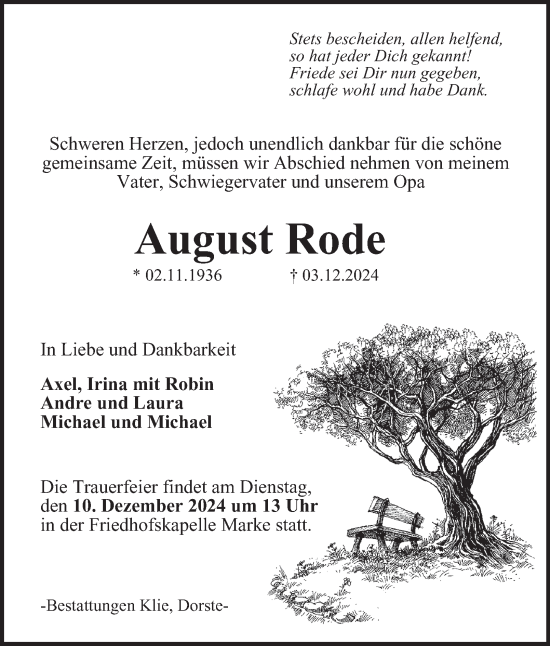 Traueranzeige von August Rode von Harz Kurier