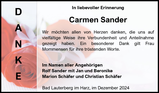 Traueranzeige von Carmen Sander von Harz Kurier