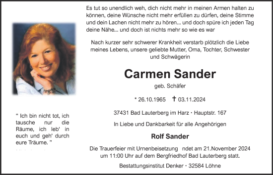 Traueranzeige von Carmen Sander von Harz Kurier
