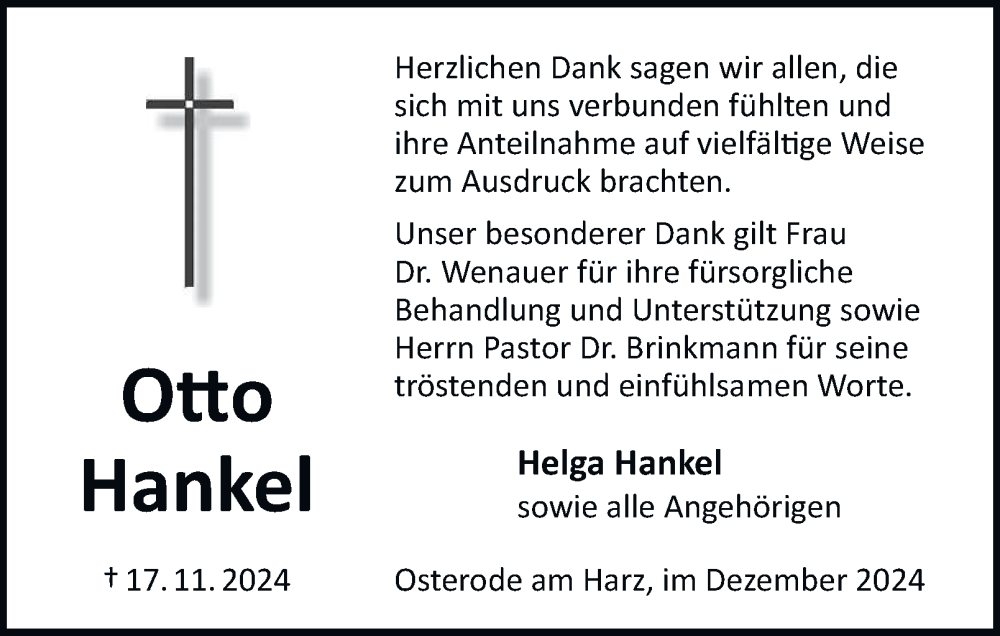  Traueranzeige für Otto Hankel vom 14.12.2024 aus Harz Kurier