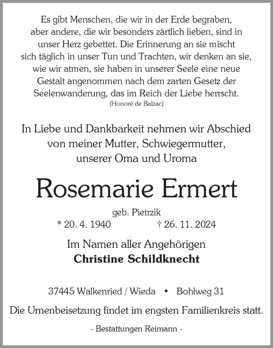 Traueranzeige von Rosemarie Ermert von Harz Kurier
