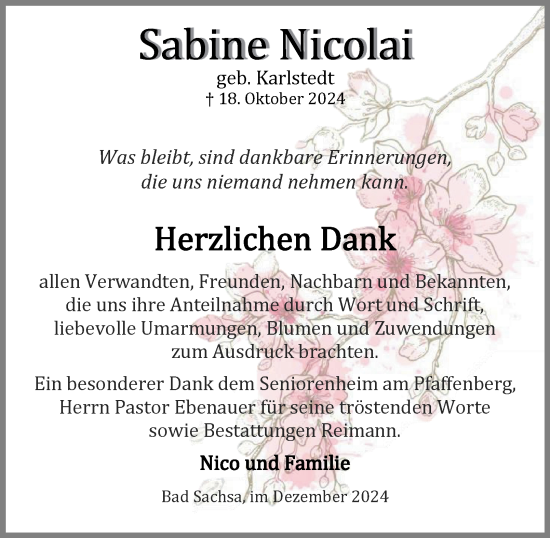 Traueranzeige von Sabine Nicolai von Harz Kurier