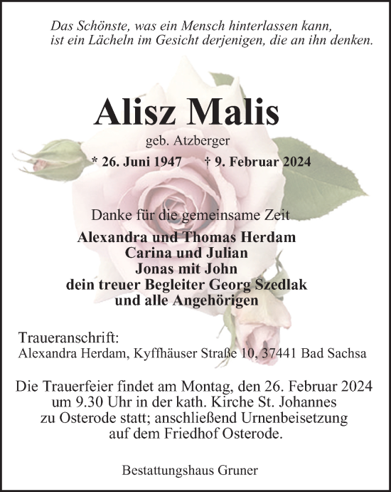 Traueranzeige von Alisz Malis von Harz Kurier