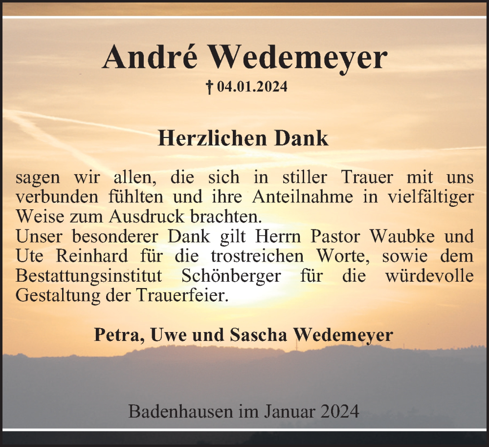  Traueranzeige für Andre Wedemeyer vom 03.02.2024 aus Harz Kurier