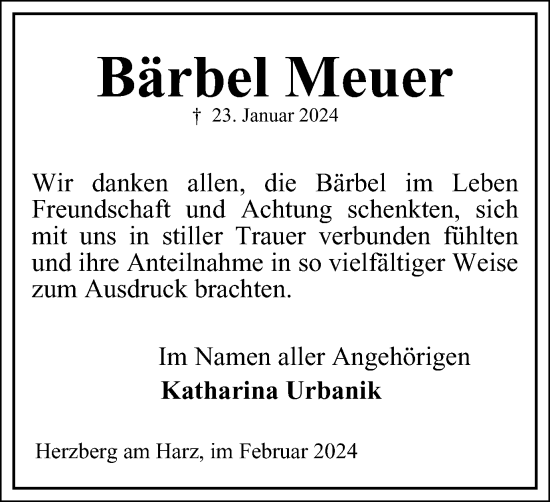 Traueranzeige von Bärbel Meuer von Harz Kurier