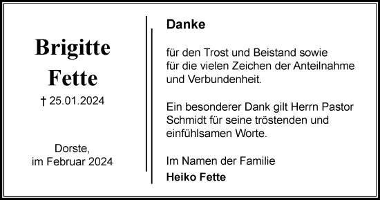 Traueranzeige von Brigitte Fette von Harz Kurier