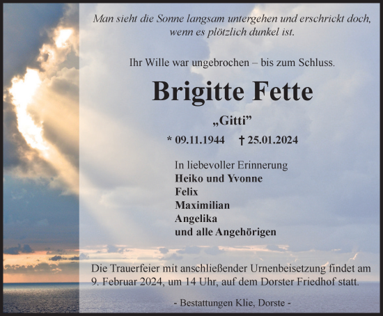 Traueranzeige von Brigitte Fette von Harz Kurier