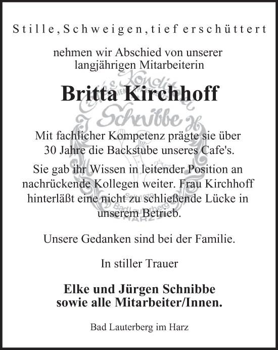 Traueranzeige von Britta Kirchhoff von Harz Kurier