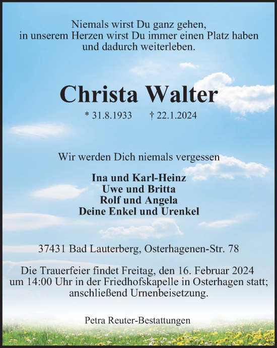 Traueranzeige von Christa Walter von Harz Kurier