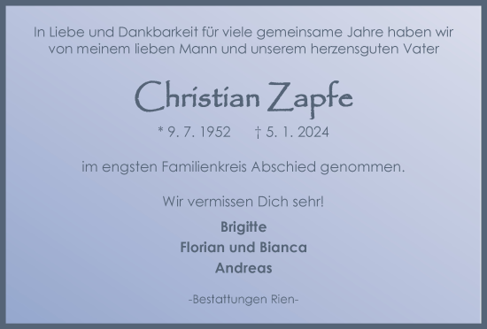 Traueranzeige von Christian Zapfe von Harz Kurier