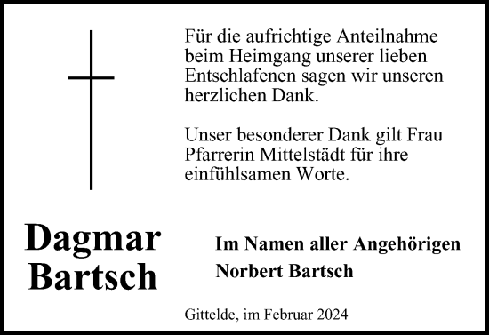 Traueranzeige von Dagmar Bartsch von Harz Kurier
