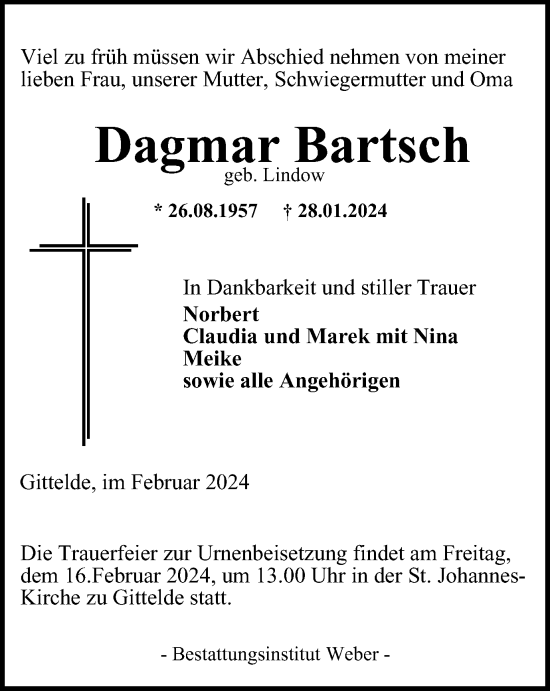 Traueranzeige von Dagmar Bartsch von Harz Kurier