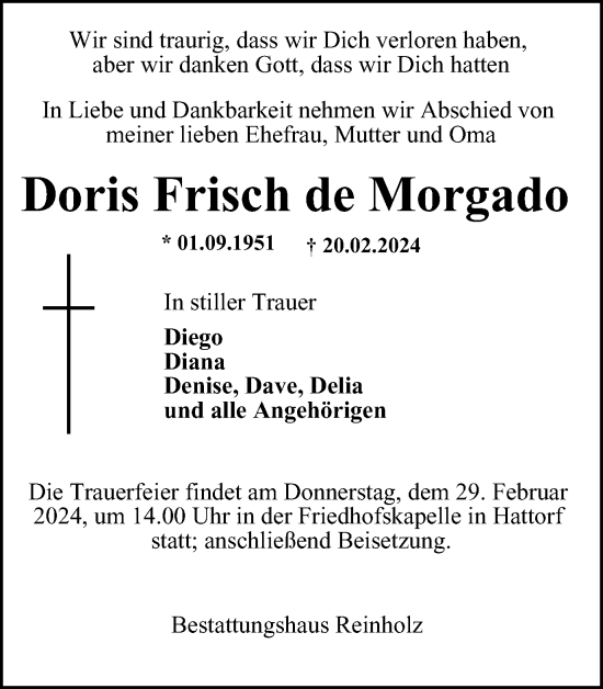Traueranzeige von Doris Frisch de Morgado von Harz Kurier